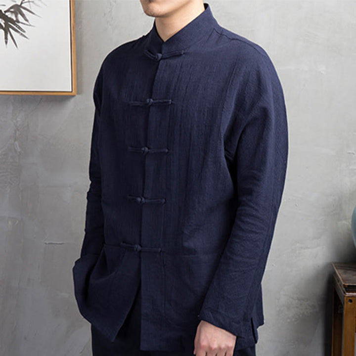 Buddha Stones Solid Color Casual Frog-button Linen Men's Shirt Clothing - image 12