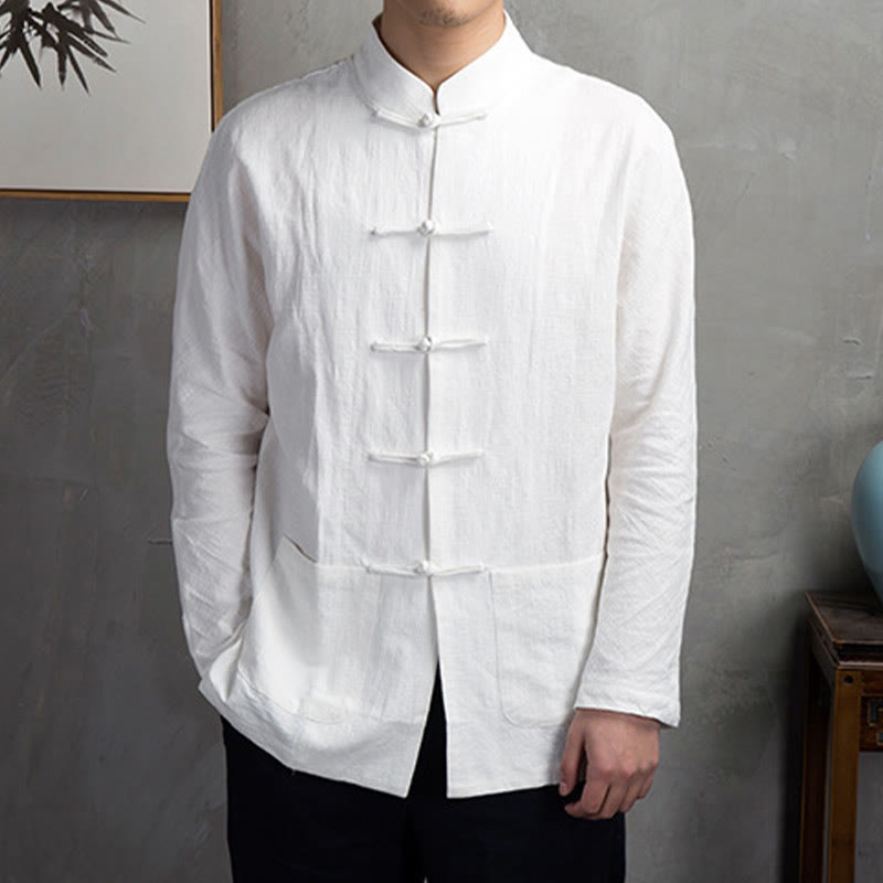 Buddha Stones Solid Color Casual Frog-button Linen Men's Shirt Clothing - White - US/UK/AU46，EU56 (5XL) - image 5