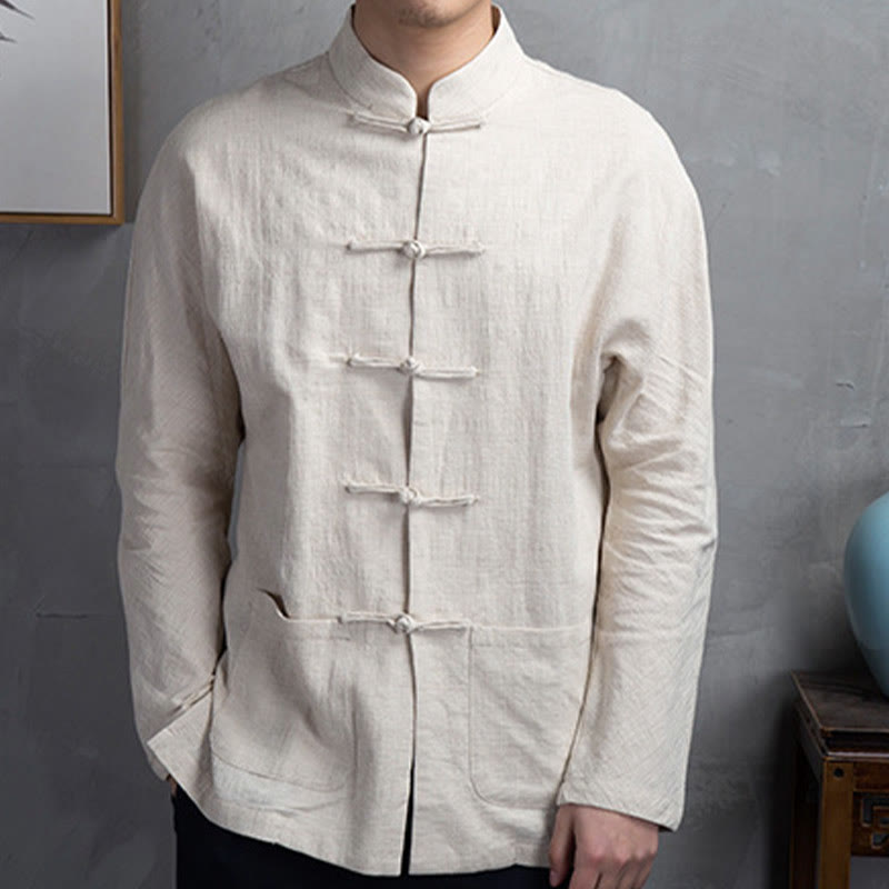 Buddha Stones Solid Color Casual Frog-button Linen Men's Shirt Clothing - LemonChiffon - US/UK/AU46，EU56 (5XL) - image 1