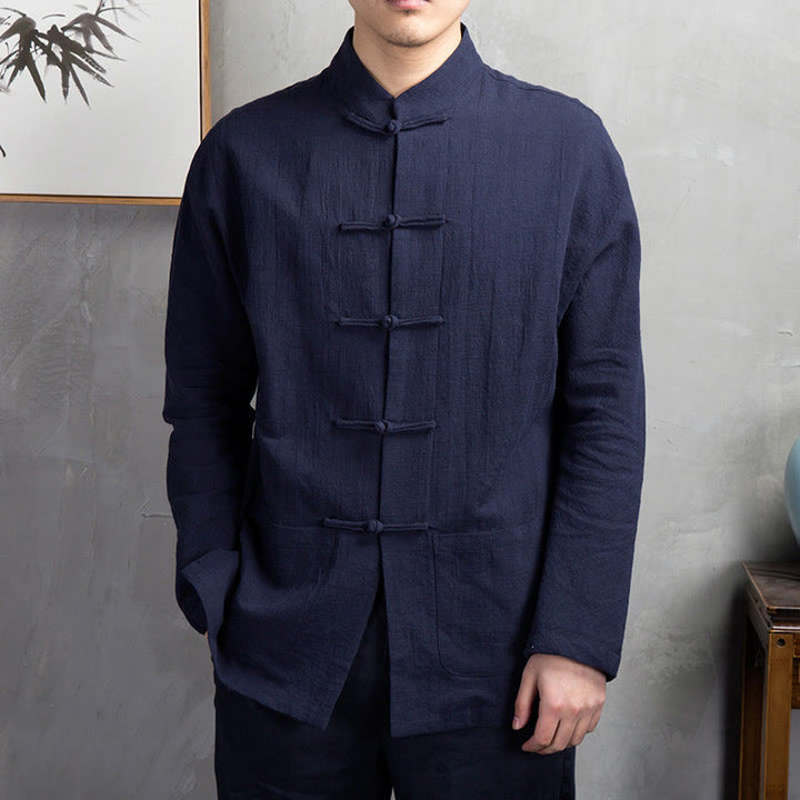 Buddha Stones Solid Color Casual Frog-button Linen Men's Shirt Clothing - image 11