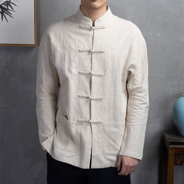 Buddha Stones Solid Color Casual Frog-button Linen Men's Shirt Clothing