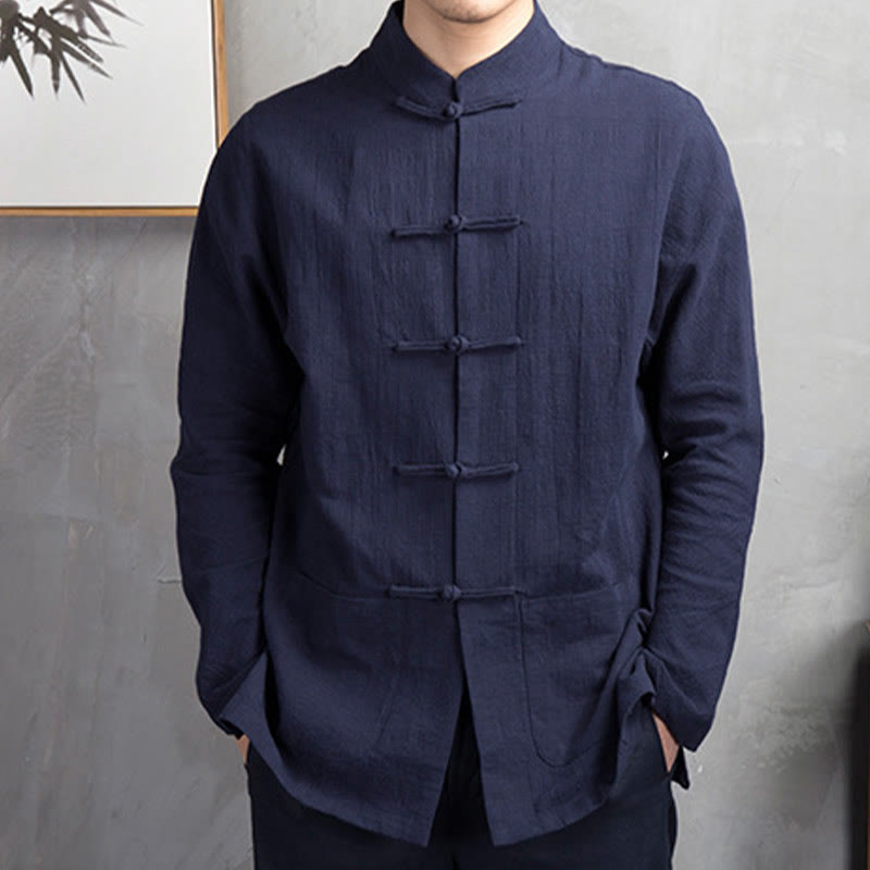 Buddha Stones Solid Color Casual Frog-button Linen Men's Shirt Clothing - image 10