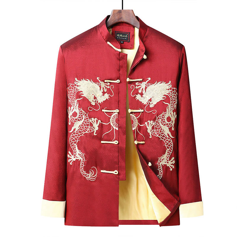 Buddha Stones Embroider Dragon Turned Sleeves Casual Frog-button Polyester Fiber Men's Jacket Shirt Pants Clothing