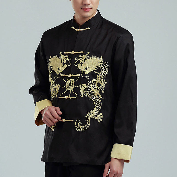 Buddha Stones Embroider Dragon Turned Sleeves Casual Frog-button Polyester Fiber Men's Jacket Shirt Pants Clothing - Black(Fleece) - US/UK/AU42，EU52 (3XL) - image 10