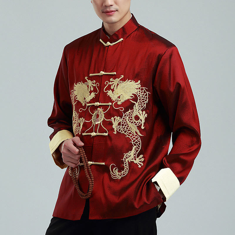 Buddha Stones Embroider Dragon Turned Sleeves Casual Frog-button Polyester Fiber Men's Jacket Shirt Pants Clothing - image 2
