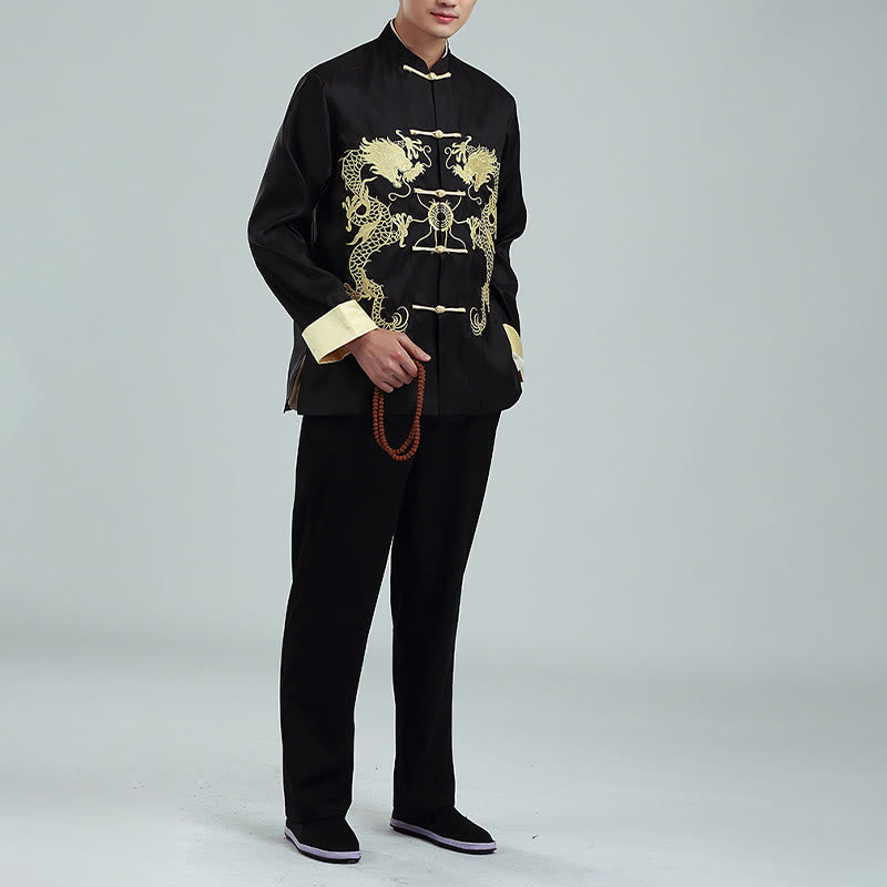 Buddha Stones Embroider Dragon Turned Sleeves Casual Frog-button Polyester Fiber Men's Jacket Shirt Pants Clothing - image 15