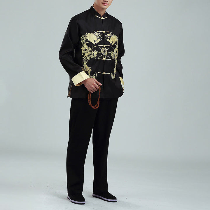 Buddha Stones Embroider Dragon Turned Sleeves Casual Frog-button Polyester Fiber Men's Jacket Shirt Pants Clothing - image 15