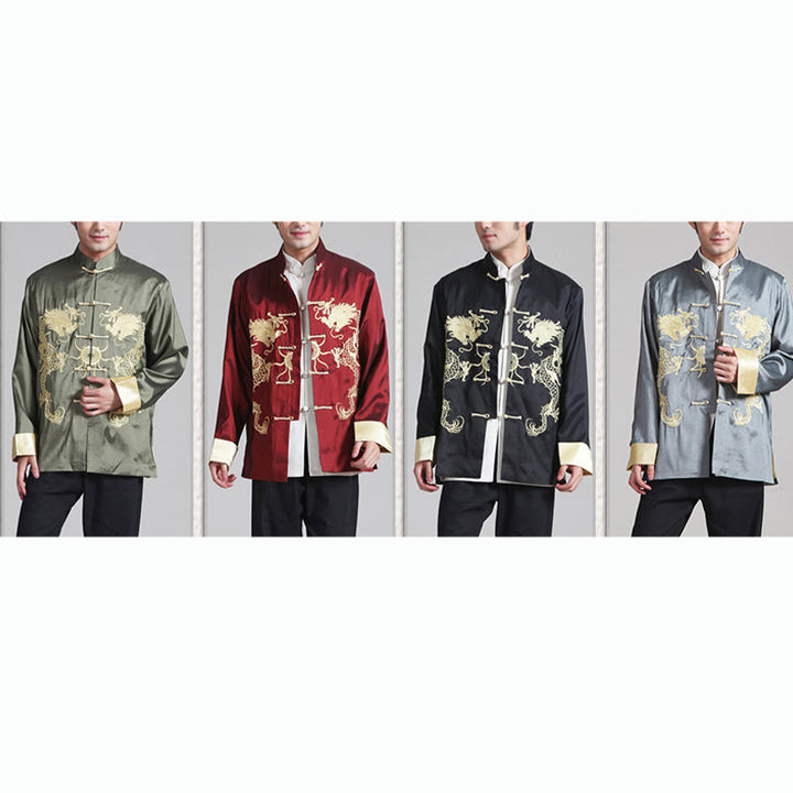 Buddha Stones Embroider Dragon Turned Sleeves Casual Frog-button Polyester Fiber Men's Jacket Shirt Pants Clothing - image 22
