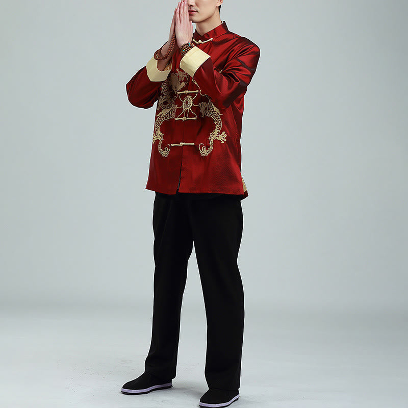 Buddha Stones Embroider Dragon Turned Sleeves Casual Frog-button Polyester Fiber Men's Jacket Shirt Pants Clothing - image 5
