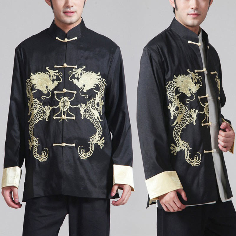 Buddha Stones Embroider Dragon Turned Sleeves Casual Frog-button Polyester Fiber Men's Jacket Shirt Pants Clothing - image 16