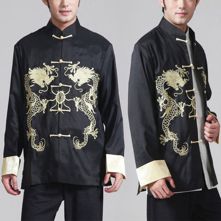 Buddha Stones Embroider Dragon Turned Sleeves Casual Frog-button Polyester Fiber Men's Jacket Shirt Pants Clothing - image 16