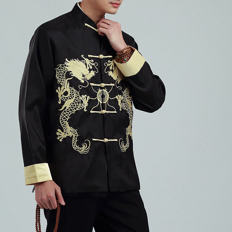 Buddha Stones Embroider Dragon Turned Sleeves Casual Frog-button Polyester Fiber Men's Jacket Shirt Pants Clothing