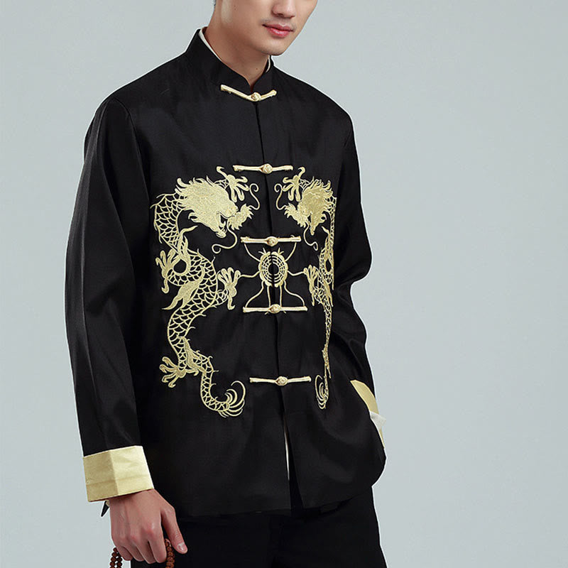 Buddha Stones Embroider Dragon Turned Sleeves Casual Frog-button Polyester Fiber Men's Jacket Shirt Pants Clothing - image 12