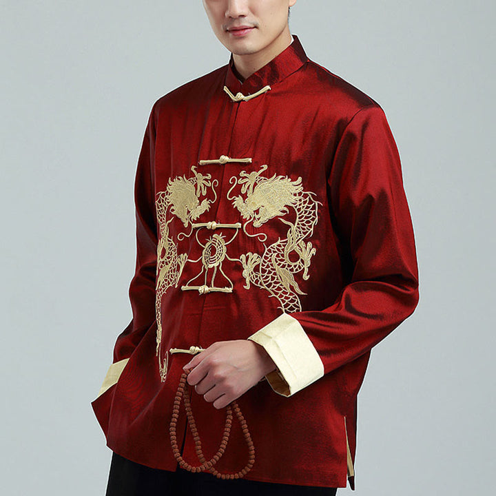 Buddha Stones Embroider Dragon Turned Sleeves Casual Frog-button Polyester Fiber Men's Jacket Shirt Pants Clothing - image 3