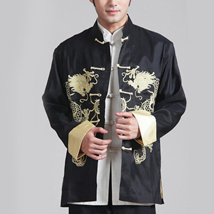 Buddha Stones Embroider Dragon Turned Sleeves Casual Frog-button Polyester Fiber Men's Jacket Shirt Pants Clothing - image 11