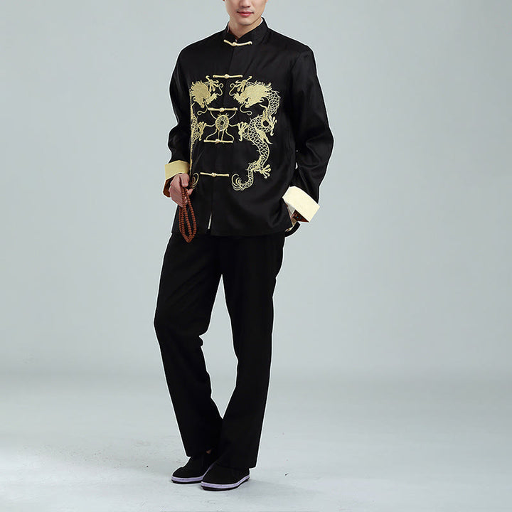 Buddha Stones Embroider Dragon Turned Sleeves Casual Frog-button Polyester Fiber Men's Jacket Shirt Pants Clothing - image 14
