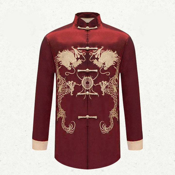 Buddha Stones Embroider Dragon Turned Sleeves Casual Frog-button Polyester Fiber Men's Jacket Shirt Pants Clothing