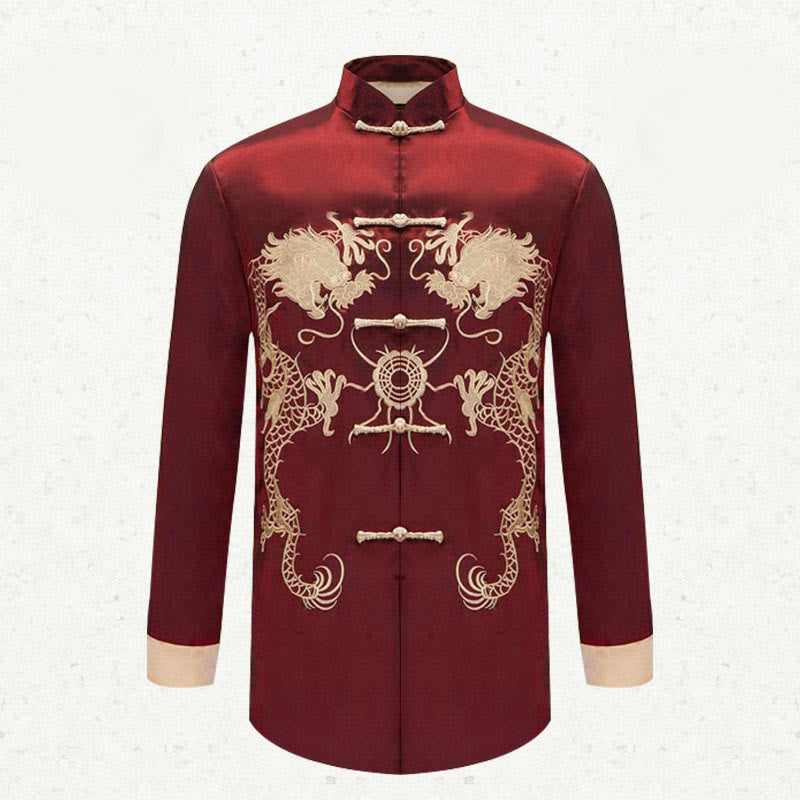 Buddha Stones Embroider Dragon Turned Sleeves Casual Frog-button Polyester Fiber Men's Jacket Shirt Pants Clothing - image 7
