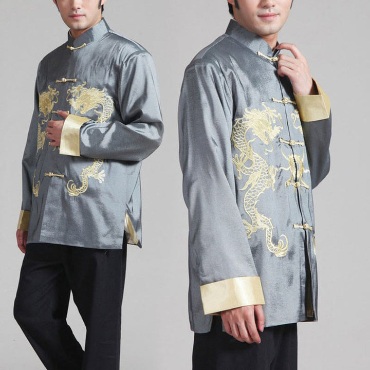 Buddha Stones Embroider Dragon Turned Sleeves Casual Frog-button Polyester Fiber Men's Jacket Shirt Pants Clothing - Gray - US/UK/AU42，EU52 (3XL) - image 8