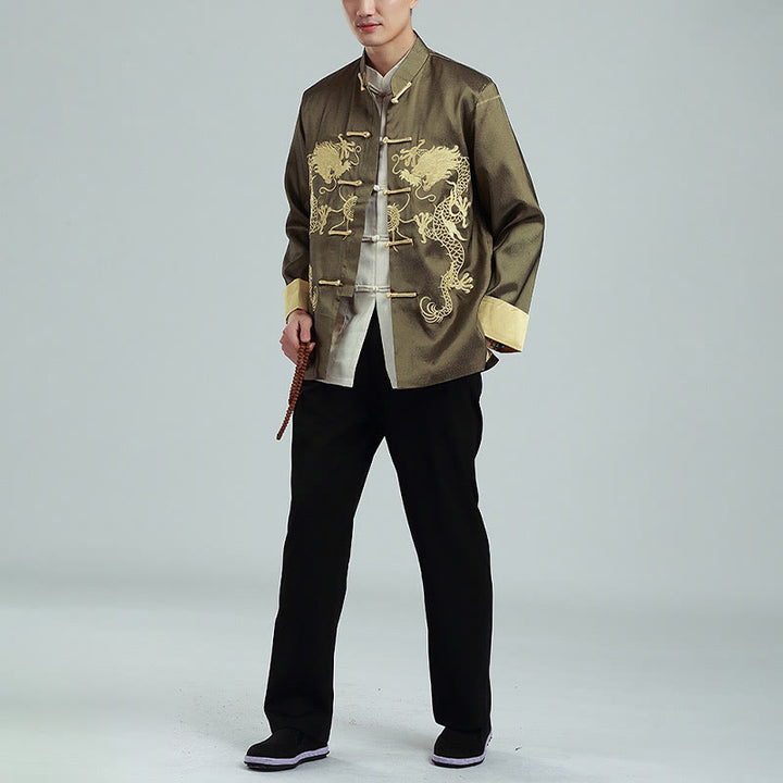 Buddha Stones Embroider Dragon Turned Sleeves Casual Frog-button Polyester Fiber Men's Jacket Shirt Pants Clothing - image 21