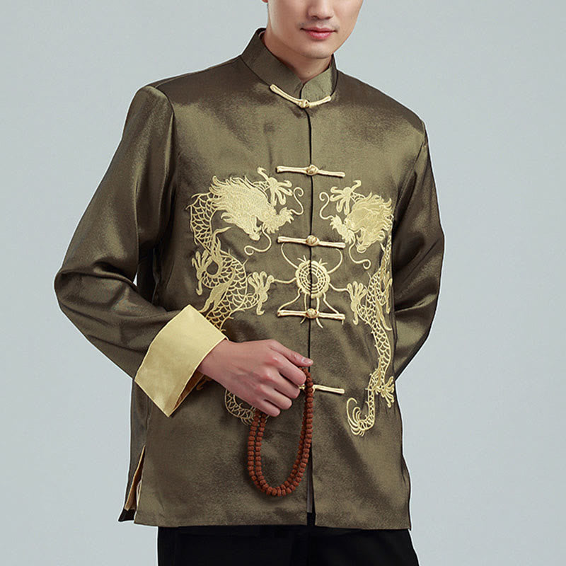 Buddha Stones Embroider Dragon Turned Sleeves Casual Frog-button Polyester Fiber Men's Jacket Shirt Pants Clothing - Olive - US/UK/AU42，EU52 (3XL) - image 19