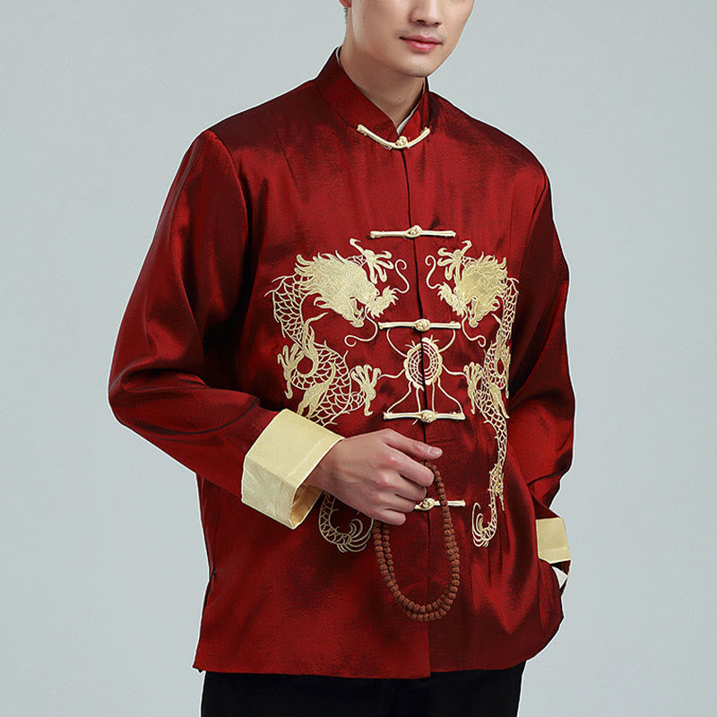 Buddha Stones Embroider Dragon Turned Sleeves Casual Frog-button Polyester Fiber Men's Jacket Shirt Pants Clothing - DarkRed(Fleece) - US/UK/AU42，EU52 (3XL) - image 1