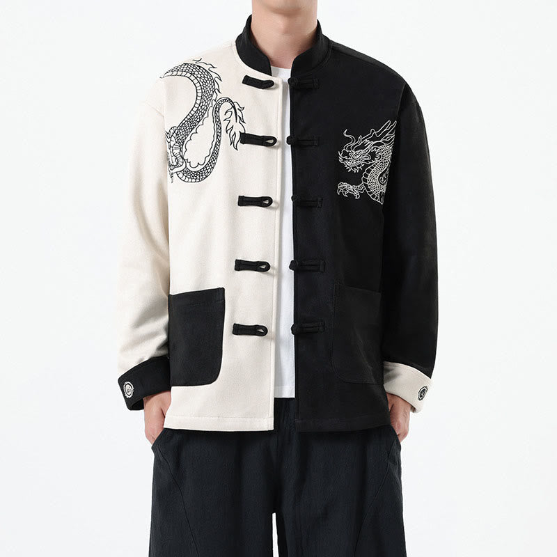 Buddha Stones Dragon Embroidery Casual Frog-button Cotton Men's Jacket Shirt Clothing - White - US/UK/AU46，EU56 (5XL) - image 1