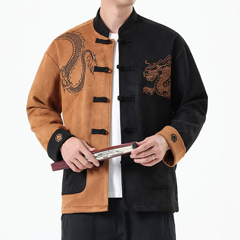 Buddha Stones Dragon Embroidery Casual Frog-button Cotton Men's Jacket Shirt Clothing