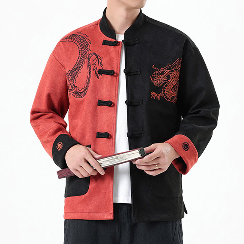 Buddha Stones Dragon Embroidery Casual Frog-button Cotton Men's Jacket Shirt Clothing