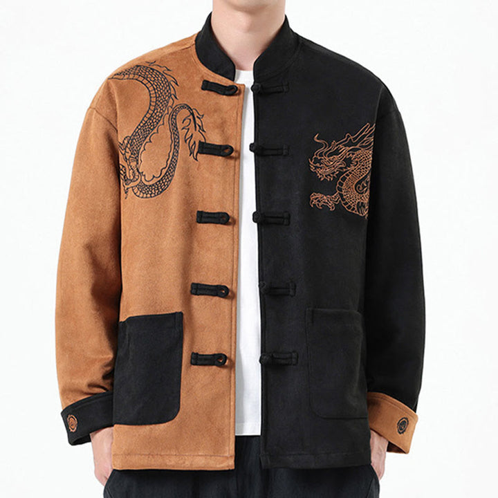 Buddha Stones Dragon Embroidery Casual Frog-button Cotton Men's Jacket Shirt Clothing