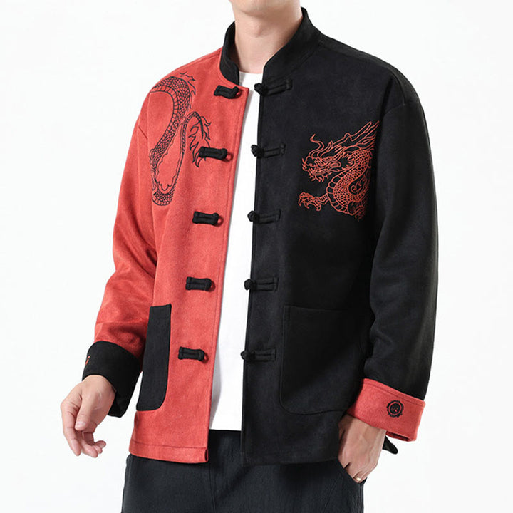 Buddha Stones Dragon Embroidery Casual Frog-button Cotton Men's Jacket Shirt Clothing