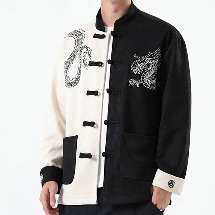 Buddha Stones Dragon Embroidery Casual Frog-button Cotton Men's Jacket Shirt Clothing