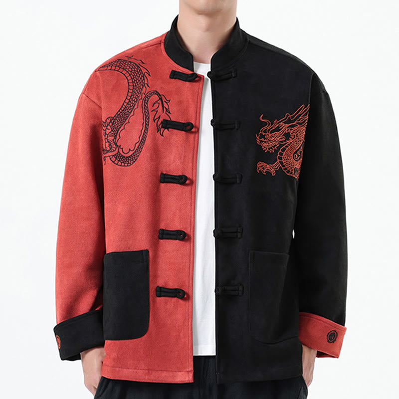 Buddha Stones Dragon Embroidery Casual Frog-button Cotton Men's Jacket Shirt Clothing