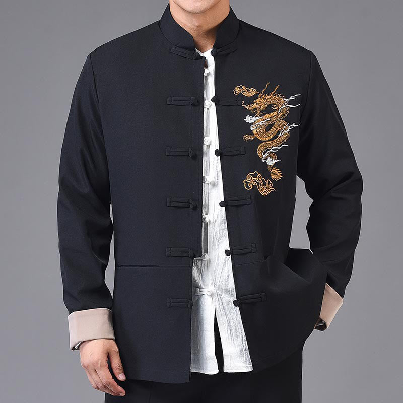 Buddha Stones Dragon Embroidery Frog-button Polyester Men's Jacket Shirt Clothing With Pockets - image 2