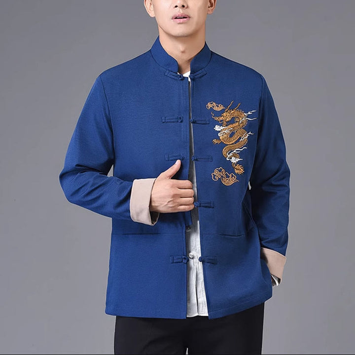 Buddha Stones Dragon Embroidery Frog-button Polyester Men's Jacket Shirt Clothing With Pockets - DarkBlue - US/UK/AU44，EU54 (4XL) - image 16