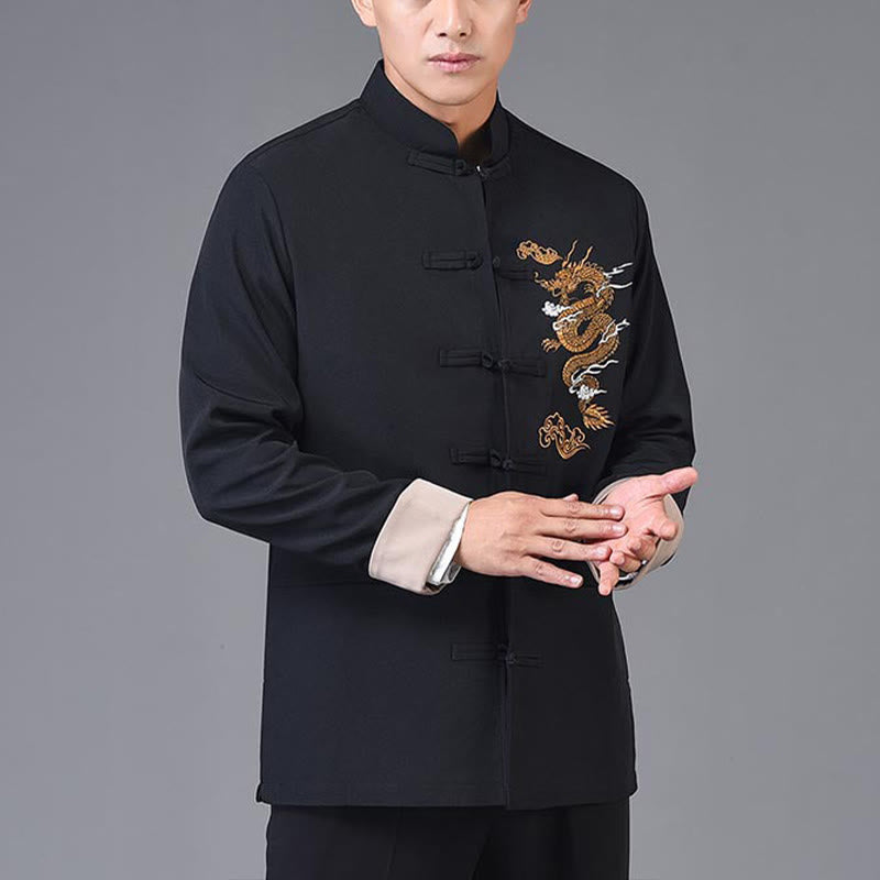Buddha Stones Dragon Embroidery Frog-button Polyester Men's Jacket Shirt Clothing With Pockets - image 4