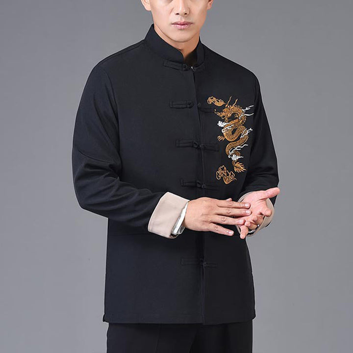 Buddha Stones Dragon Embroidery Frog-button Polyester Men's Jacket Shirt Clothing With Pockets - image 4