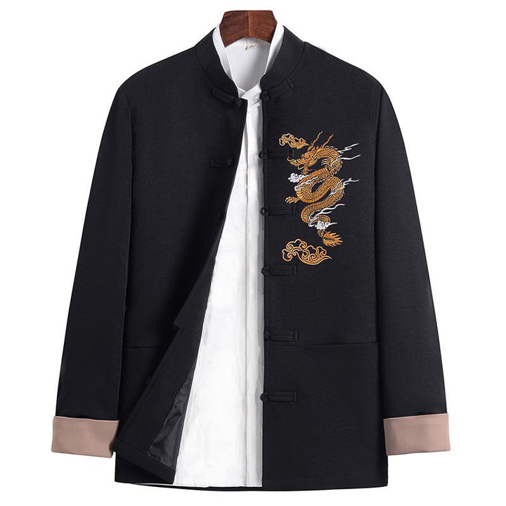 Buddha Stones Dragon Embroidery Frog-button Polyester Men's Jacket Shirt Clothing With Pockets