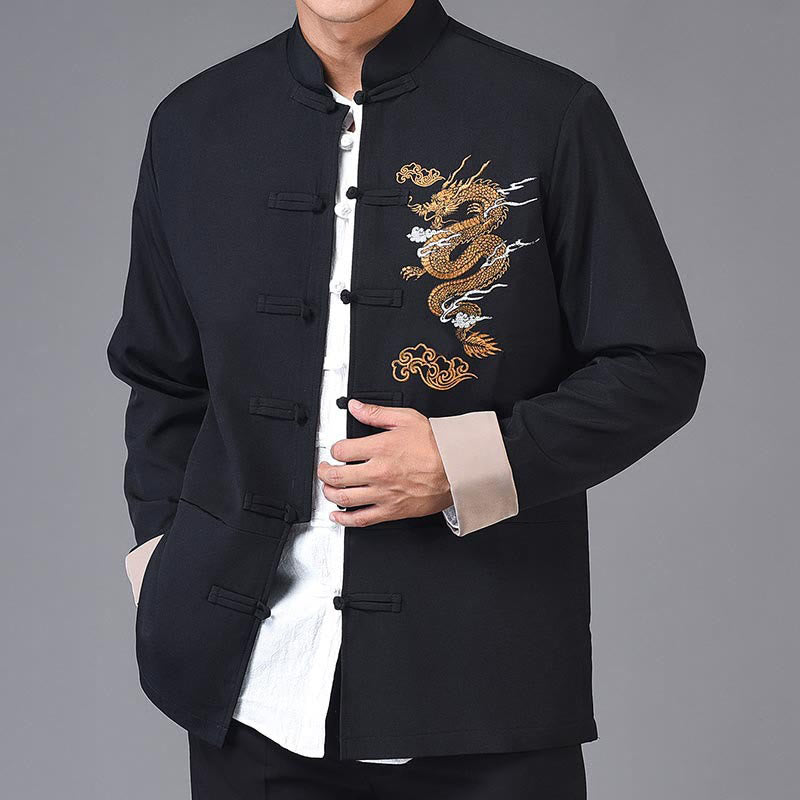 Buddha Stones Dragon Embroidery Frog-button Polyester Men's Jacket Shirt Clothing With Pockets - Black - US/UK/AU44，EU54 (4XL) - image 1