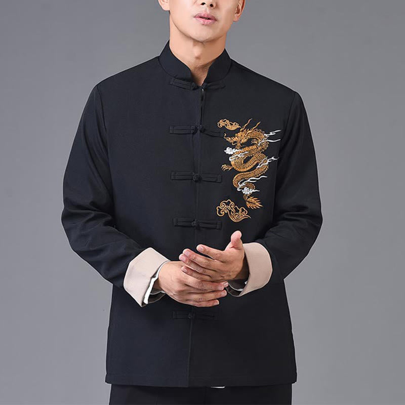 Buddha Stones Dragon Embroidery Frog-button Polyester Men's Jacket Shirt Clothing With Pockets - image 5