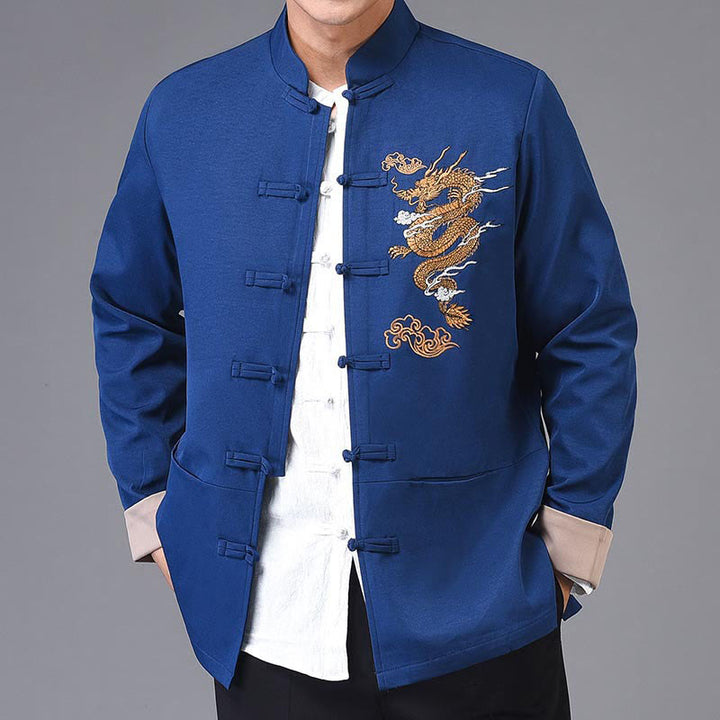 Buddha Stones Dragon Embroidery Frog-button Polyester Men's Jacket Shirt Clothing With Pockets - image 18