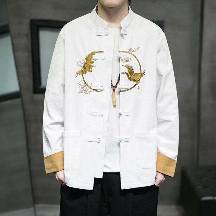 Buddha Stones Crane Embroidery Casual Frog-button Cotton Linen Men's Jacket Shirt Clothing