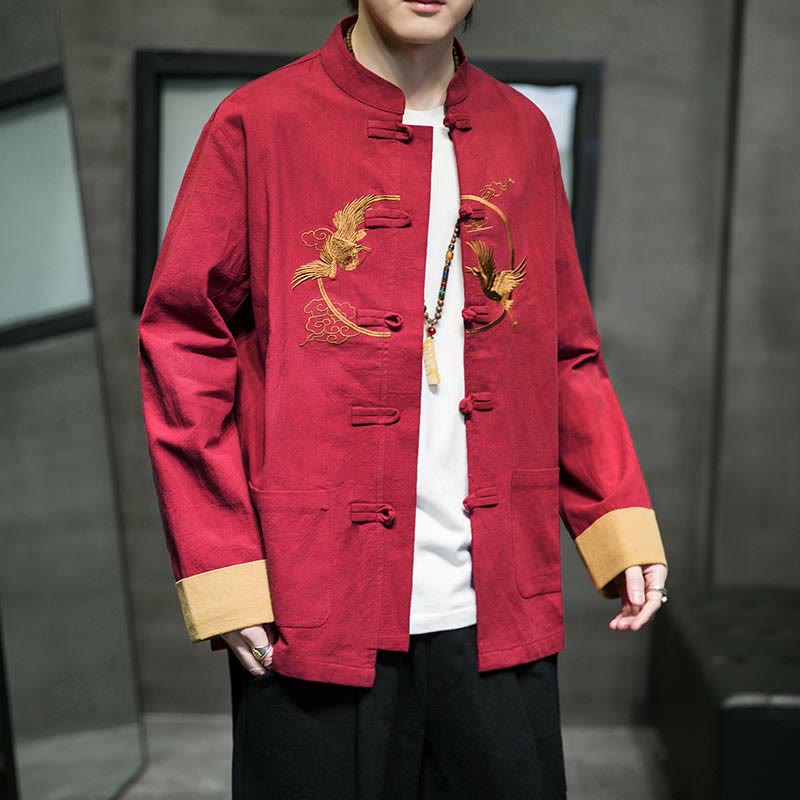 Buddha Stones Crane Embroidery Casual Frog-button Cotton Linen Men's Jacket Shirt Clothing