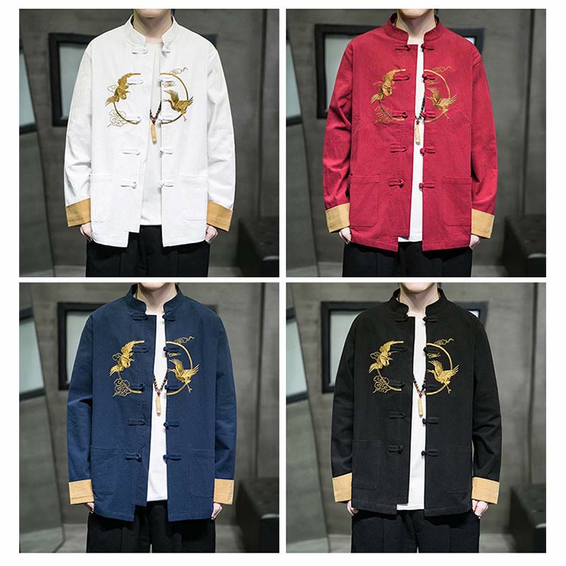 Buddha Stones Crane Embroidery Casual Frog-button Cotton Linen Men's Jacket Shirt Clothing