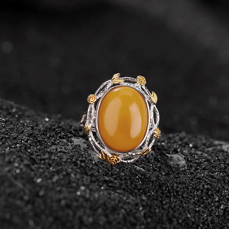 Buddha Stones 990 Sterling Silver Plated Gold Amber Focus Adjustable Ring