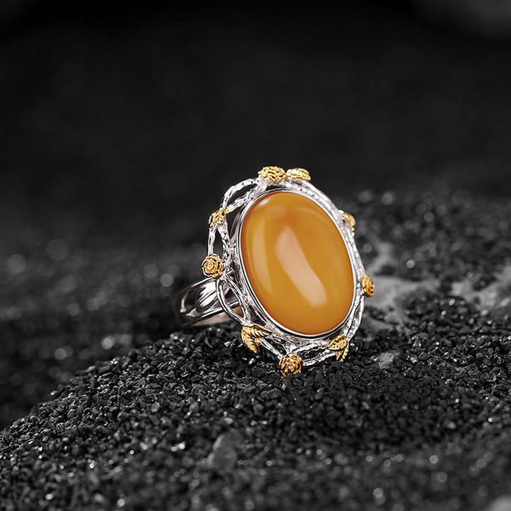 Buddha Stones 990 Sterling Silver Plated Gold Amber Focus Adjustable Ring