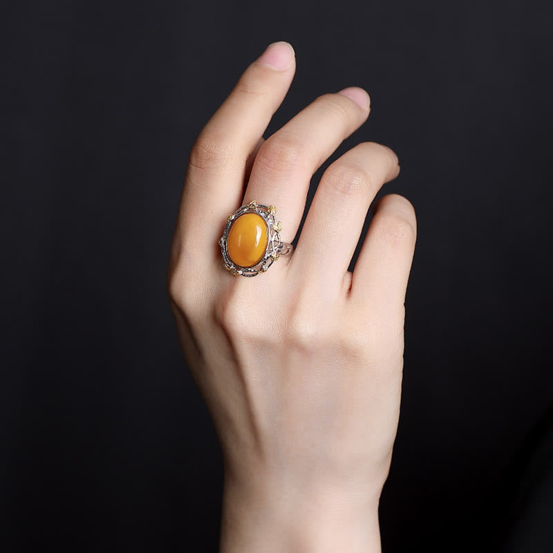 Buddha Stones 990 Sterling Silver Plated Gold Amber Focus Adjustable Ring - image 3