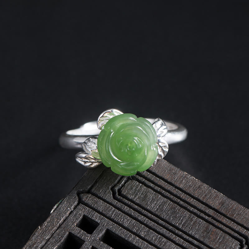 Buddha Stones 925 Sterling Silver Jade Green Rose Luck Adjustable Ring - Jade Rose(Circumference: 56-59mm) - image 0
