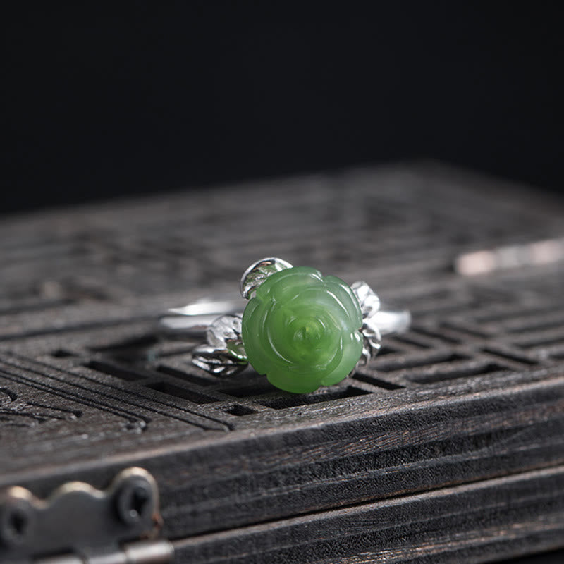 Buddha Stones 925 Sterling Silver Jade Green Rose Luck Adjustable Ring