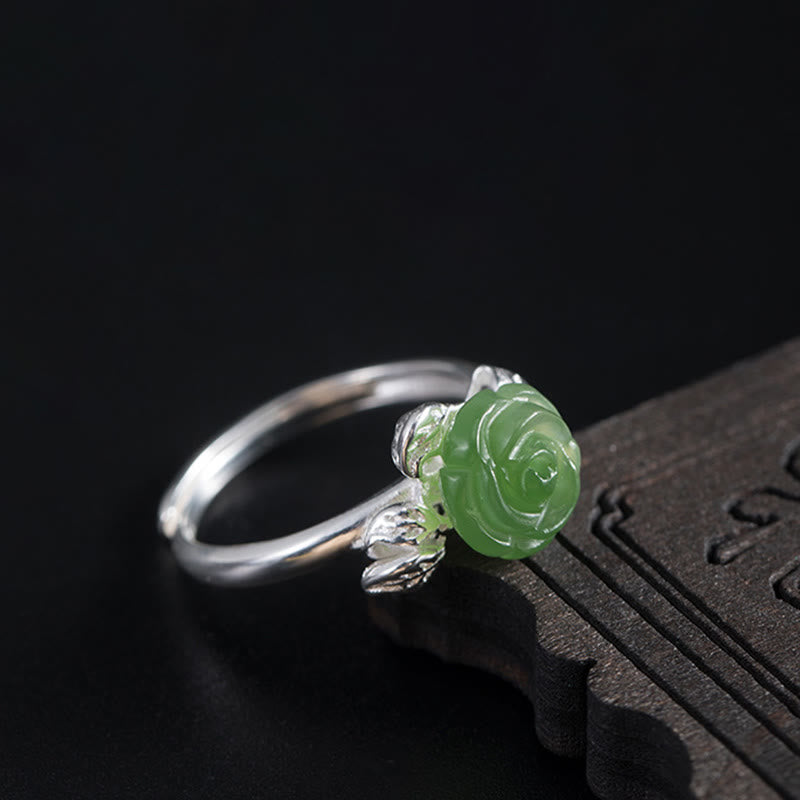 Buddha Stones 925 Sterling Silver Jade Green Rose Luck Adjustable Ring